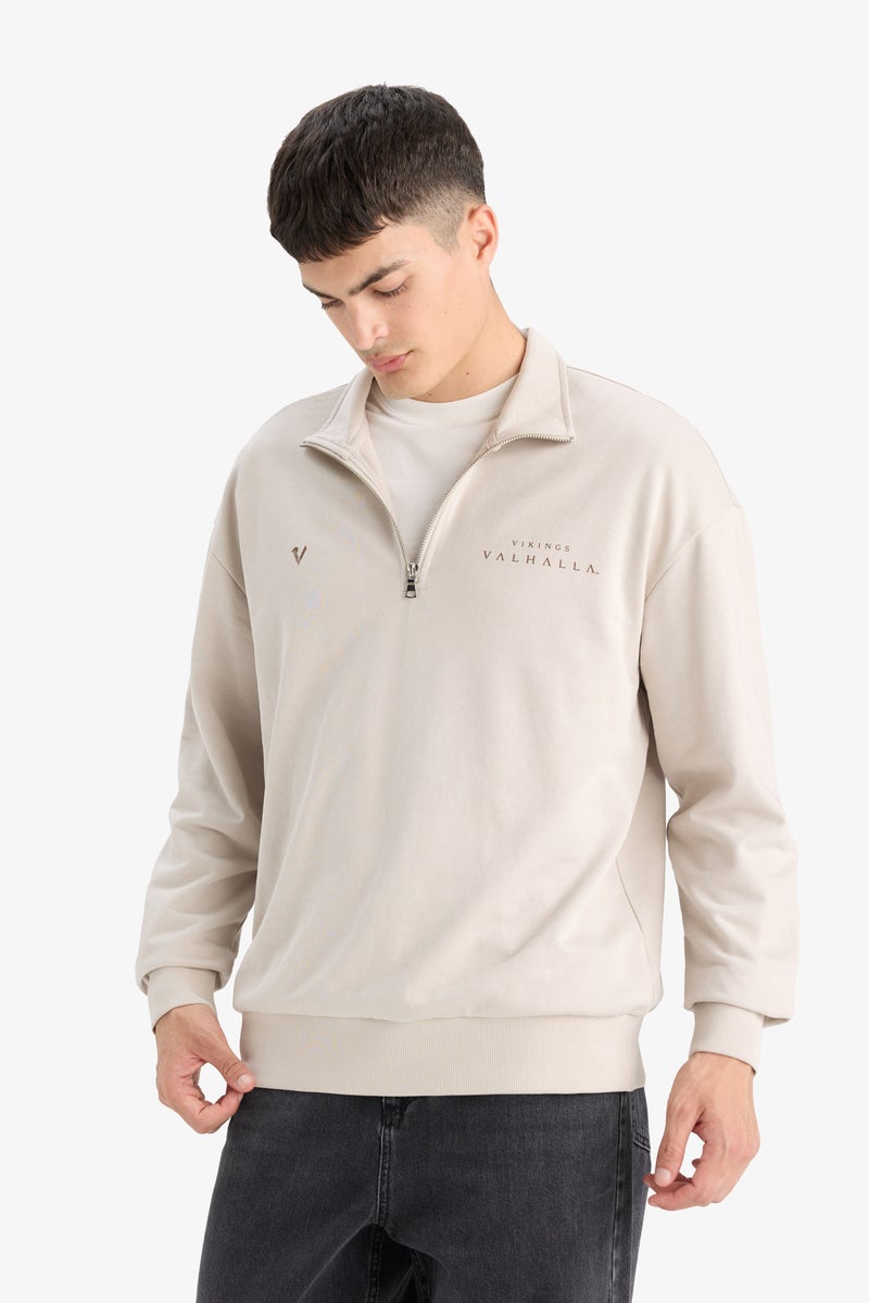 DeFacto Beige Man Boxy Fit Vikings Valhalla Printed Long Sleeve Sweatshirt Casual - Image 4